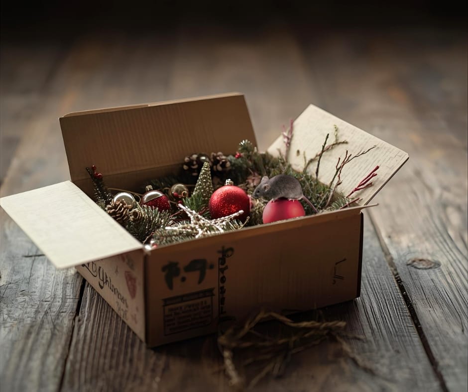 muis tussen kerstballen